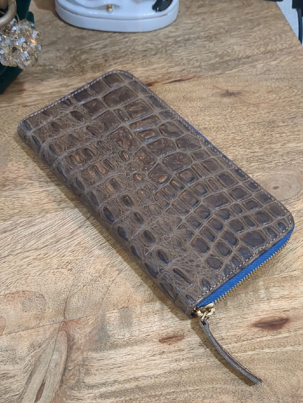 CLARE V. Textured Brown Croc-Embossed Genuine Leather Zip Wallet